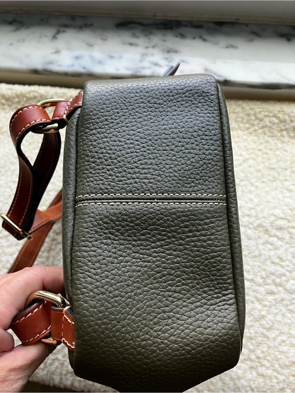 Dooney & Bourke Olive Pebble Leather Mini Backpack with Brown Trim